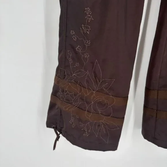 Y2K Express Cargo Floral Embroidered Wide Leg Pants Brown Size‎ 4 Satin VTG - Picture 7 of 16